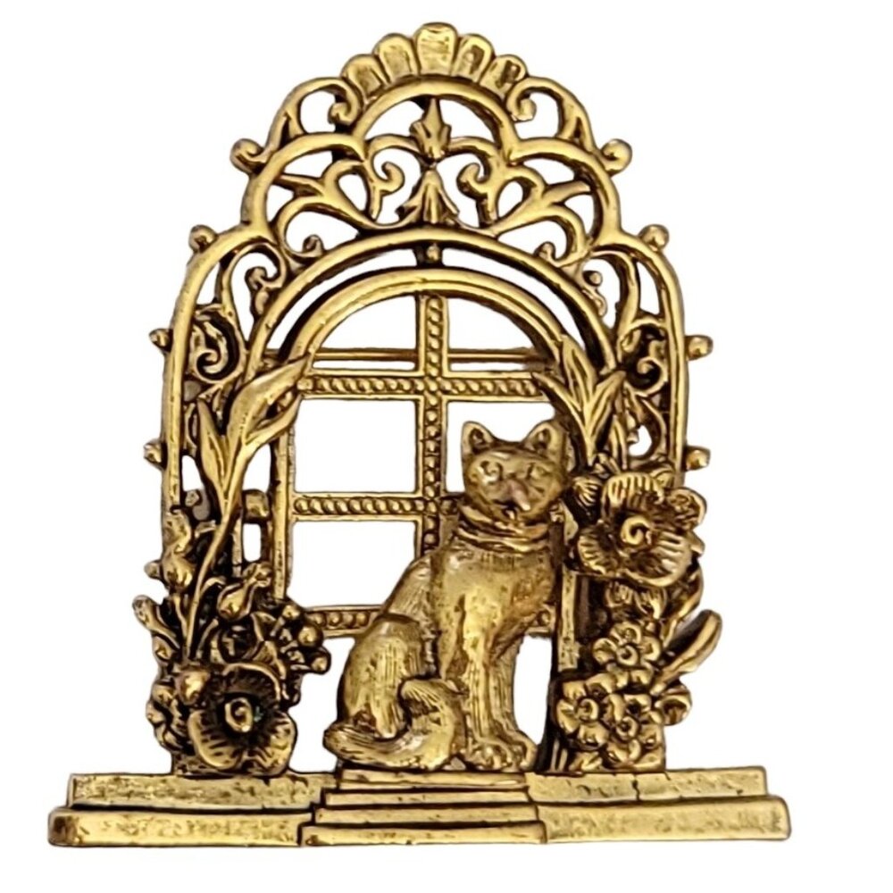 1928 Jewelry Co. Gold Tone Cat In Window Brooch Pin